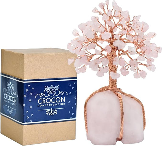 Rose Quartz Gemstone Tree of Life Natural Rose Quartz Stone Base, Copper Wire Money Tree, Crystal for Positive Energy Attract Good Luck, Chakra Feng Shui Decor, Spiritual Gift
