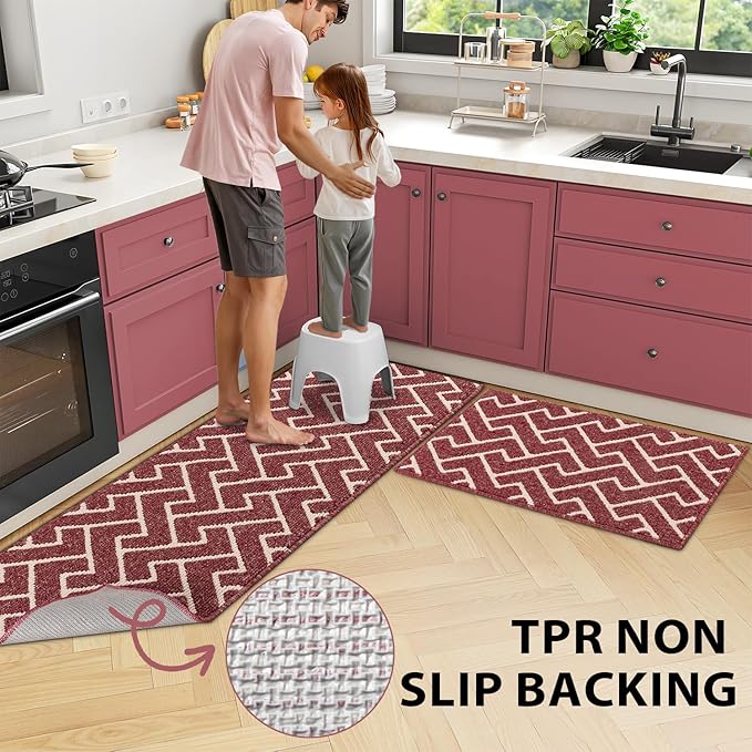 hicorfe Kitchen Rugs and Mats Sets,2 Pieces Non-Slip Absorbent 100% Polypropylene Kitchen Mats for Floor,Comfort Kitchen Runner Mat,Washable for Kitchen,Sink,Laundry(20" x 31.5" Plus 20" x 48",Red)