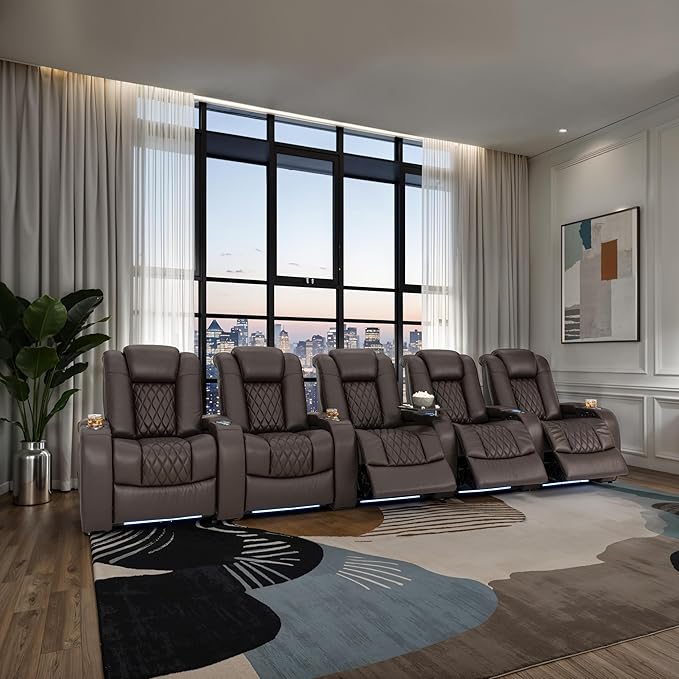 Seatcraft Diamante Zero-Gravity CoolZero Italian Leather Home Theater Seating, Power Headrest, Power Recline, Row of 5, Brown