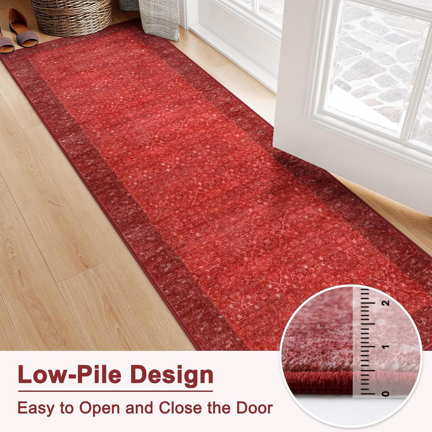 Red Kitchen Runner Rugs Non Skid Washable, 2.6x8 Long Hallway Runner Rug 8 Ft, Ultra-Thin Vintage Red Carpet Runner for Entryway Bathroom Bedside Laundry Room Hall (2'6"x8')