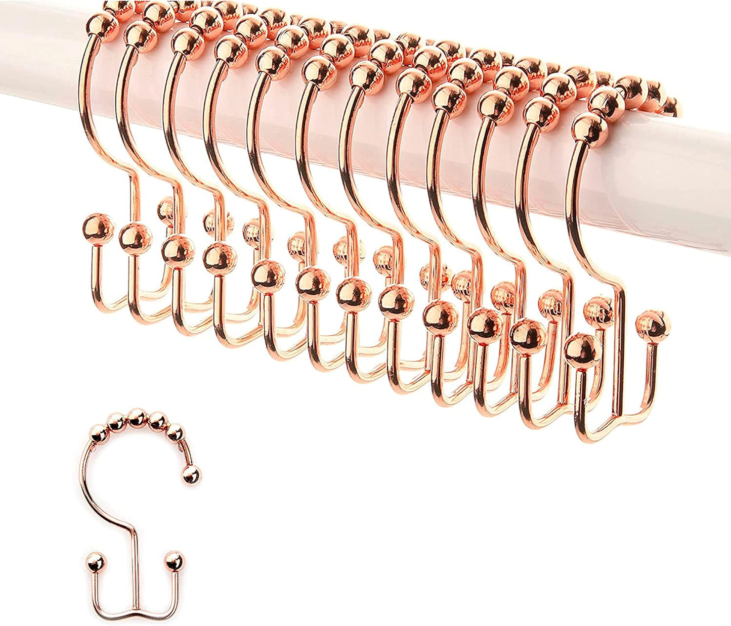 2lbDepot Copper Shower Curtain Hooks Rings, Premium Rust-Resistant Stainless Steel Metal, Double Dual Sided Hooks, Glides Effortlessly on Bathroom Shower Rods, Set of 12 Decorative Copper Hooks