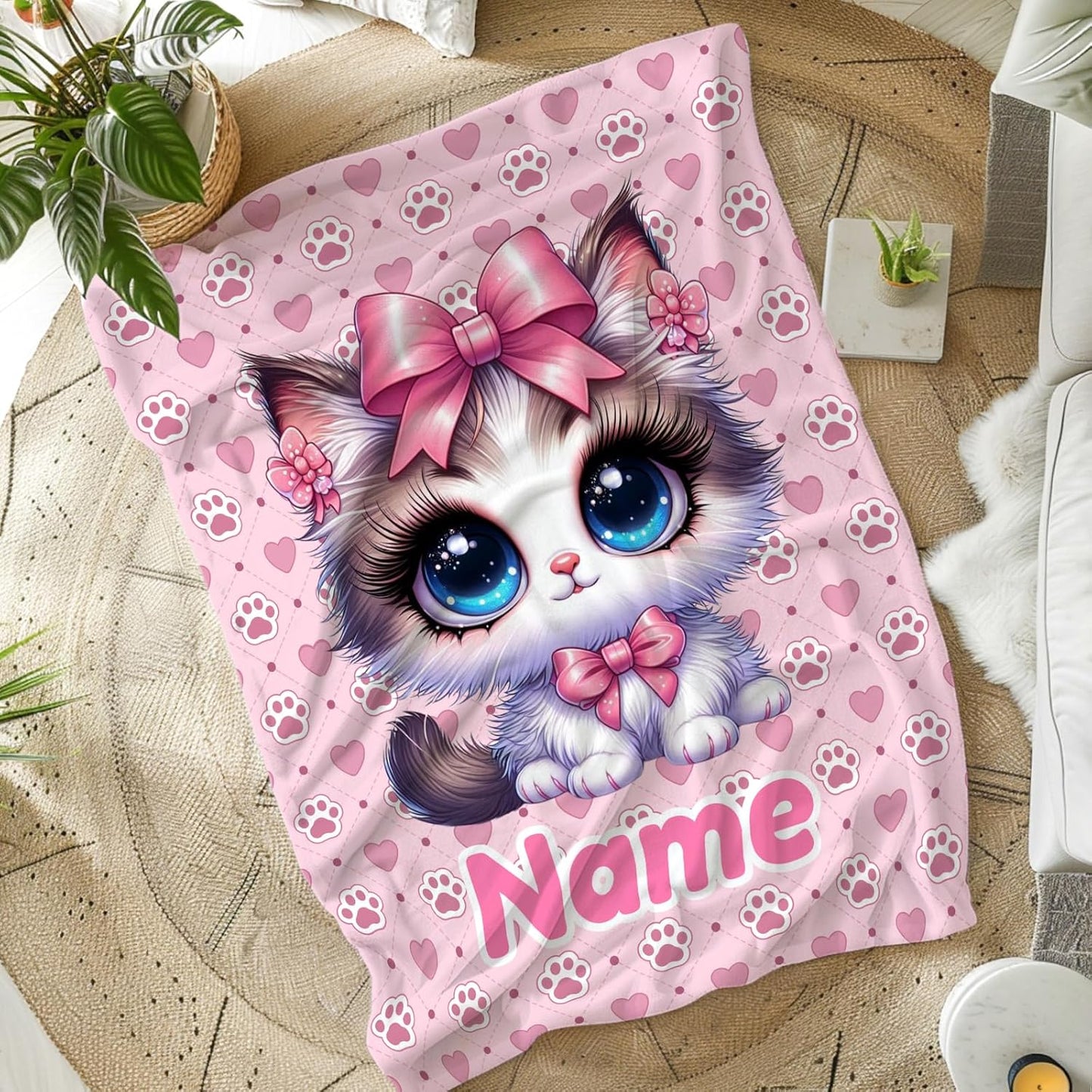 Kids Throw Blanket Personalized Cat Blanket for Girls Women, Soft Warm Lightweight Blankets for Bed Living Room Home Decor Travel