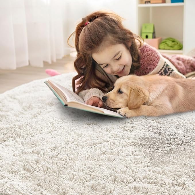 OLANLY White Round Rugs for Bedroom - Machine Washable, 6 ft Circle Area Rugs for Living Room, Soft and Fluffy Shaggy Carpet for Teen Girls and Boys, Nursery Rooms, Dorms, Home Decor Aesthetic