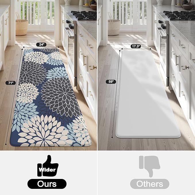 KIMODE Anti Fatigue Kitchen Mats for Floor, Boho Floral Kitchen Rugs 24" x 71", Wide Long Cushioned Mats for Kitchen Floor, Non Slip Kitchen Floor Mats for Sink Laundry Office,Blue Multi