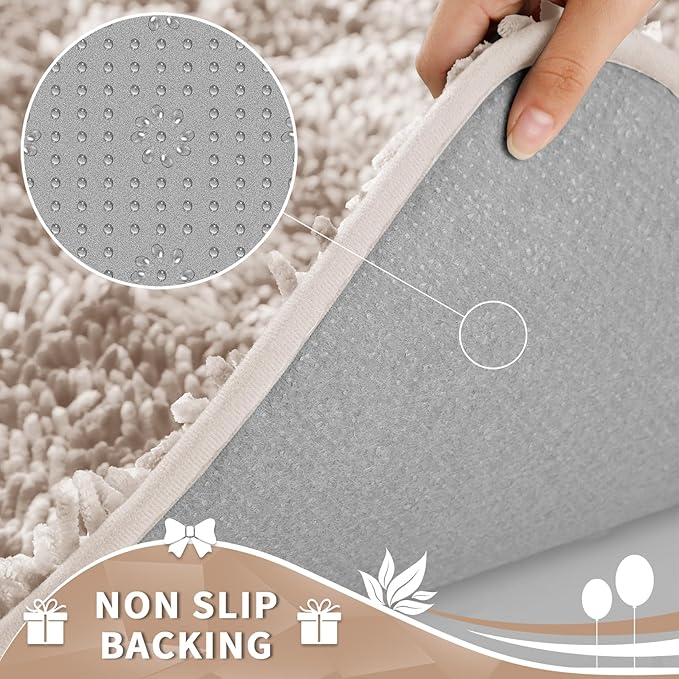 Yimobra Toilet Rugs U Shaped Washable, Extra Thick Soft Absorbent Chenille Contour Bathroom Rugs for Toilet 24x24 Inch, Quick Dry Non Slip Toilet Mat for Bath Floor, Khaki