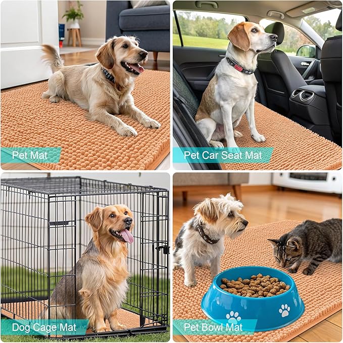 OLANLY Dog Door Mat for Muddy Paws 44x32, Absorbs Moisture and Dirt, Absorbent Non-Slip Washable Doormat, Quick Dry Chenille Mud Mat for Dogs, Entry Indoor Entryway Carpet for Inside Floor, Orange