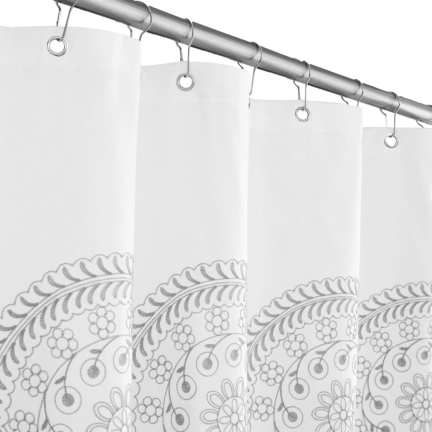Jubilantex Grey and White Embroidered Shower Curtain Fabric for Bathroom, Farmhouse Boho Floral Rustic Chic Decorative Waterproof Bath Room Shower Curtain for Spa Hotel, 70x72 Inches, Gray