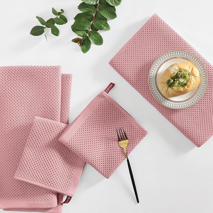 Homaxy 100% Cotton Kitchen Towels and Dishcloths Set, 12 x 12 Inches and 13 x 28 Inches, Set of 10 Bulk Kitchen Towels Set, Ultra Soft Absorbent Dish Cloths for Washing Dishes, Dried Rose