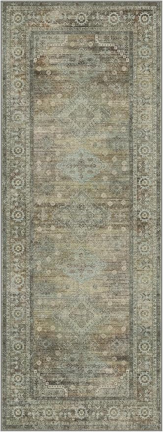 Runner Rug for Hallway Kitchen, 3x8 Machine Washable Runners Rug for Entryway, Soft Modern Boho Throw Rugs, Low Pile Floor Cover with Non Slip Backing, Distressed Light Greyish Sage Green