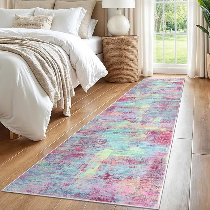 IOHOUZE Abstract Runner Rug 2x8 Ft Washable Runners for Hallways, Non Slip Kitchen Runner Printed Faux Wool Entryway Runner Indoor, Modern Abstract Floor Carpet for Hall Kitchen Bedroom, Pink Teal