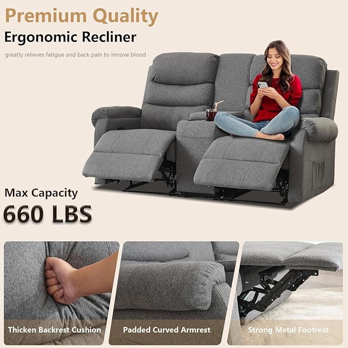 Loveseat Reclining Sofa, Home Theater Seating with Center Console, RV Recliner Sofa with Cup Holders and Pockets, Manual Double Seater Recliner for Living Room, Motor Home (Linen Grey)