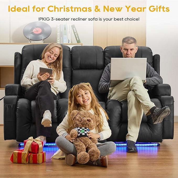 IPKIG 67" Power Reclining Loveseat Sofa, Electric Home Theater Seating with Console/4 Colors Ambient Lighting/Bluetooth Speakers/USB Ports/Built-in Outlets (Black, Loveseat Recliner)