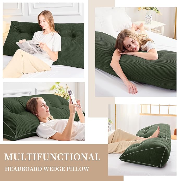 Sasttie Headboard Pillow Queen, Triangular Wedge Pillow Headboard, Wedge Headboard Pillow for Bed Sofa, Daybed Pillows for Sitting up, Reading or Working with Removable Cover, Olive Green