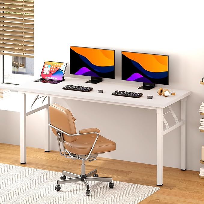 DlandHome Computer Desk 62 inches Office Desk Computer Table Study Writing Desk Workstation for Home Office Metal Frame No Install Needed White and White