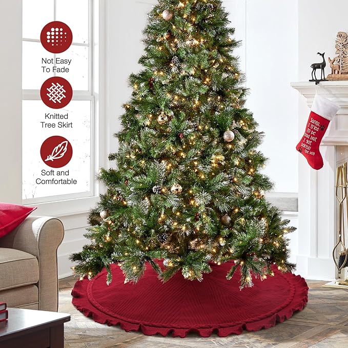 Hommtina Christmas Tree Skirt 48 Inches Red Tree Skirt,Christmas Tree Decorations Faux Fur Tree Skirt for Xmas Holiday Home Party Decorations Ornaments (Wave Red)