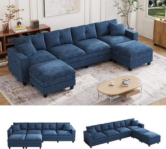 137",U Shaped Couch,Modern Modular Sectional Sofa, 4-Seater Comfy Cloud Couch with Two Movable Ottoman & Throw Pillows for Living Room, Bedroom and Apartment, Dark Blue