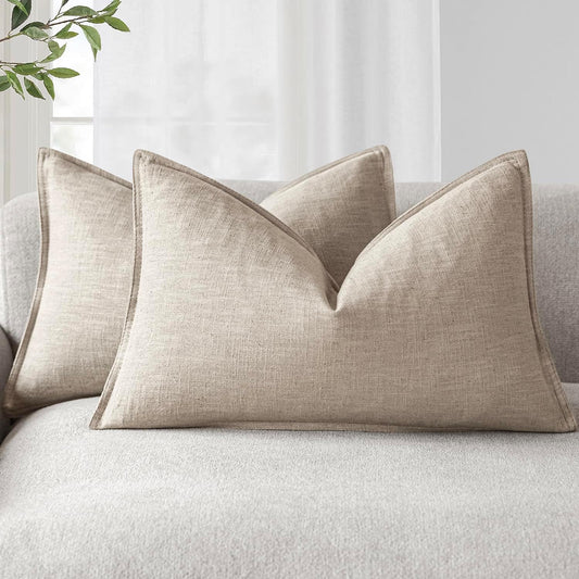 Foindtower Pack of 2, Decorative Linen Soild Throw Pillow Covers Soft Accent Lumbar Cushion Case Farmhouse Pillowcase for Chair Couch Sofa Bedroom Living Room Home Decor 12 x 20 Inch Natural Linen