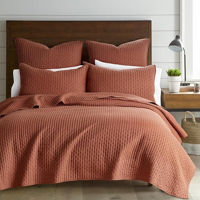 Levtex Home Cross Stitch Reversible Twin XL/Twin Quilt Set (68x86in) with 1 Pillow Sham (26x20in) - Stitch Texture - Adobe - 100% Cotton Twin Size Quilt Bedding Set - Lightweight, Soft, Pre-Washed