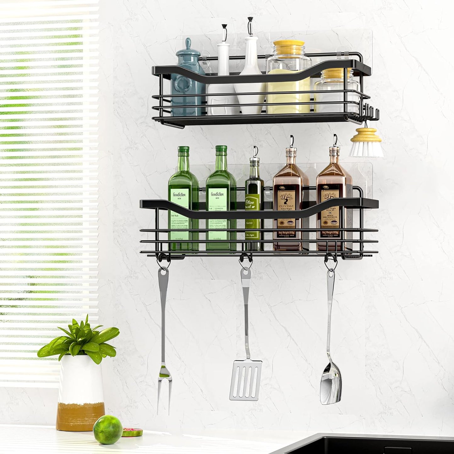 Orimade Adhesive Shower Caddy Shelf with 5 Hooks Organizer Storage Rack Rustproof Wall Mounted Stainless Steel No Drilling for Bathroom, Toilet, Kitchen - 2 Pack,Black