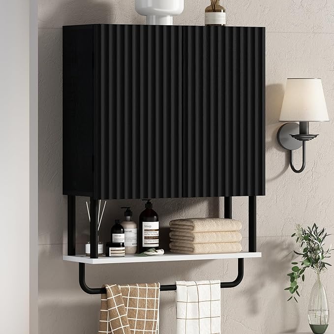 RUSTOWN Fluted Bathroom Wall Cabinet with 2 Doors, 3-Tier Modern Farmhouse Medicine Cabinet, Over The Toilet Storage Cabinet with Adjustable Shelf and Towel Bar (Black, Medium)