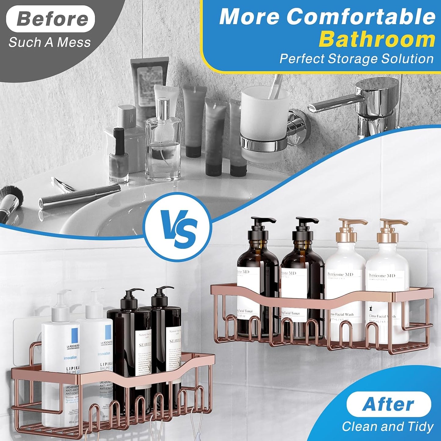 Shower Caddy 2 Pack,Adhesive Shower Organizer for Home Decor&Kitchen Organizers,No Drilling,Rustproof Stainless Steel Bathroom Shelf Organizer