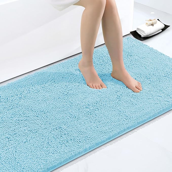 Smiry Luxury Chenille Bathroom Rugs 48x32, Extra Soft and Absorbent Shaggy Bath Mat, Machine Washable, Non-Slip Plush Carpet Runner for Tub, Shower, and Floor, Home Decor Accessories, Sky Blue