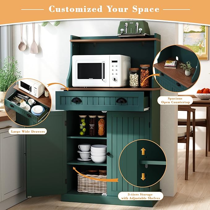54" Kitchen Pantry Storage Cabinet with Doors and Adjustable Shelves, Green Freestanding Microwave Cabinet with Drawer for Kitchen, Coffee Bar, Living Room