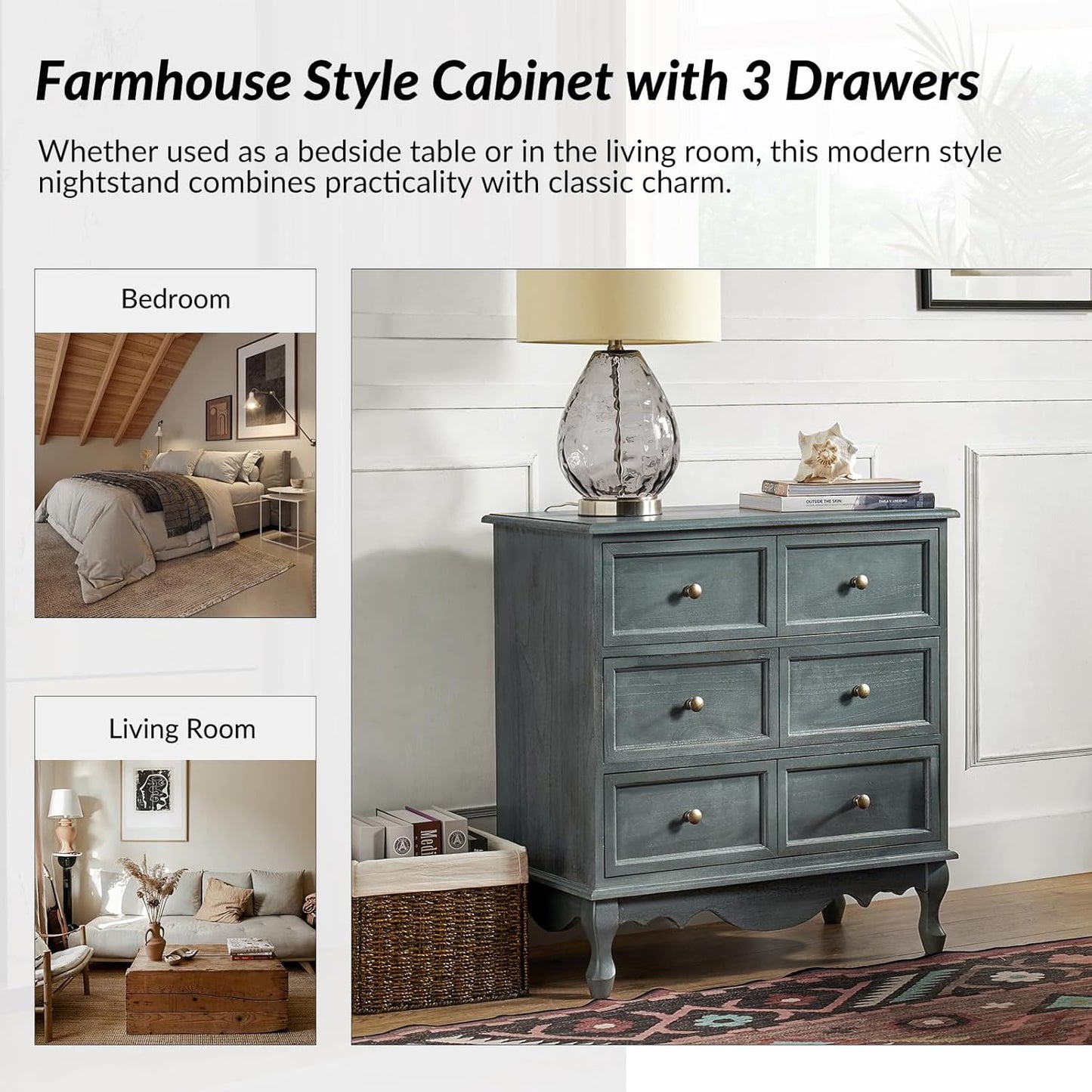 HULALA HOME 3-Drawer Nightstand with Charging Station, Farmhouse Solid Wood Nightstand Set of 2(Blue)