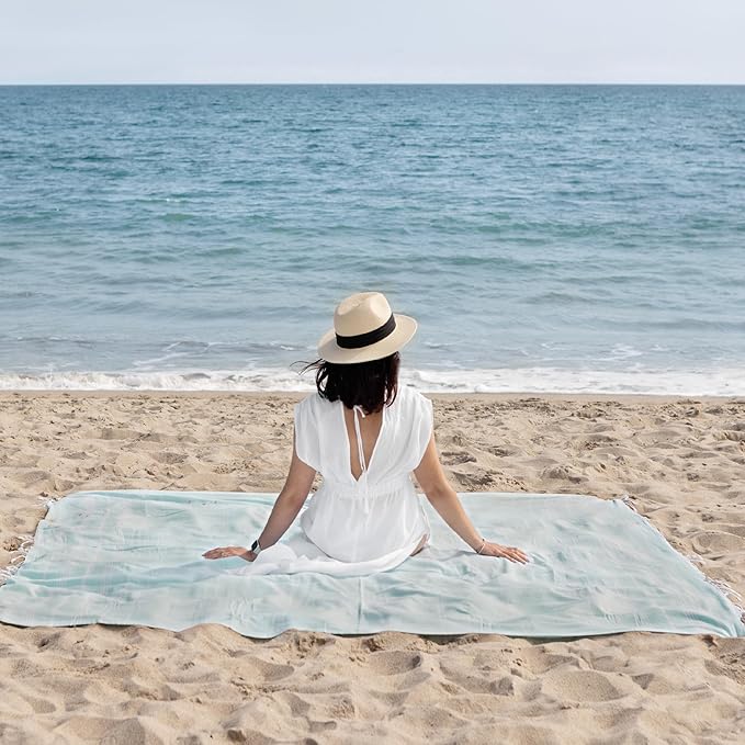 WETCAT Turkish Beach Blanket Sandproof (82"x82") 100% Turkish Cotton, Made in Turkey - Sand Free, Ultra Soft, Extra Large Throw for Picnic – Aqua