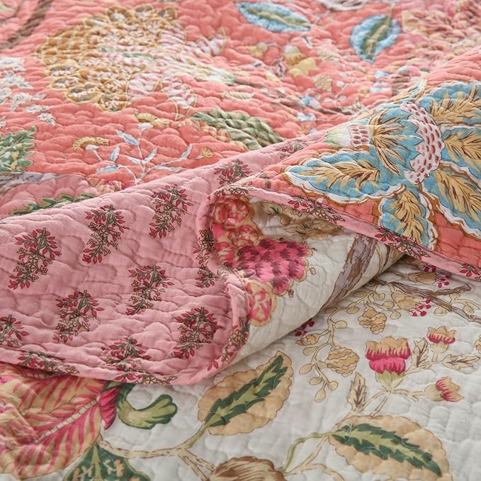 NEWLAKE Cotton Patchwork Bedspread, 3-Piece Bedding Quilt Set with Real Stitched Embroidery, Reversible Matelasse Bed Coverlet Set,Bohemian Floral, Queen Size