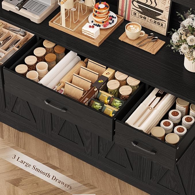 HOSTACK 71" Tall Kitchen Pantry Storage Cabinet with Charging Station, 55" Wide Kitchen Hutch Cabinet with Large Countertop, Farmhouse Food Pantry with Drawers for Living Room, Black Wood Grain