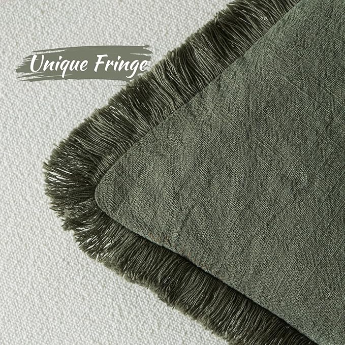 MIULEE Decorative Throw Pillow Covers Neutral Linen Fringe Throw Pillows Set of 2 Rifle Green Boho Farmhouse Cushion Covers with Tassels for Couch Sofa Bed Living Room Spring Home Decor 18x18 Inch