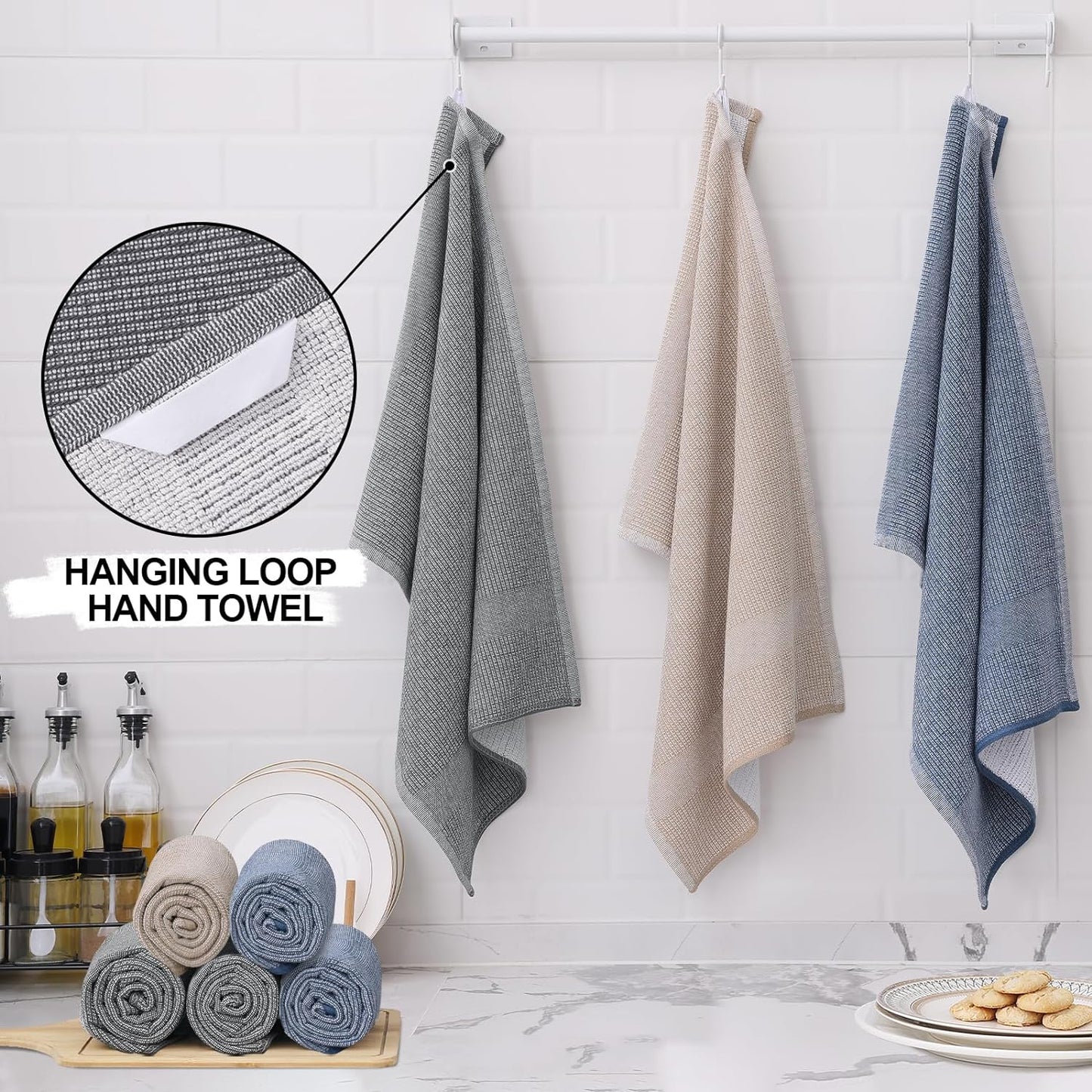 Homaxy Premium Kitchen Towels(18”x 28”, 12 Pack), Large Cotton Kitchen Hand Towels, Flat and Terry Dish Towels, 380 GSM Highly Absorbent Tea Towel Set with Hanging Loop, Multicolor