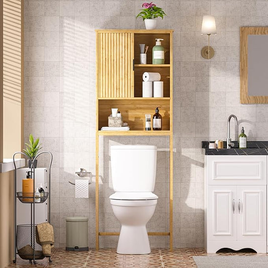 MUPATER 66.9” Bamboo Over The Toilet Storage Cabinet, Bathroom Space Saver, Bathroom Freestanding Over The Toilet with Open Storage, Natural