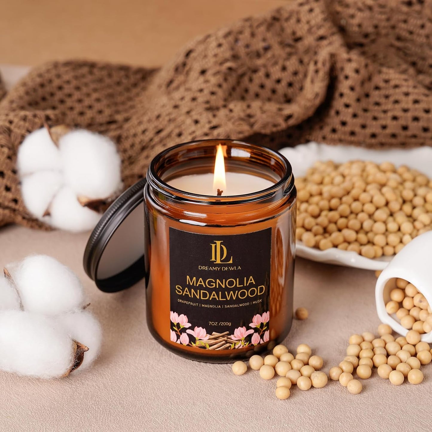 Magnolia & Sandalwood Scented Candles, Soy Candle for Home Scented, Masculine Amber Jar Candles Gifts for Men Women, 7oz