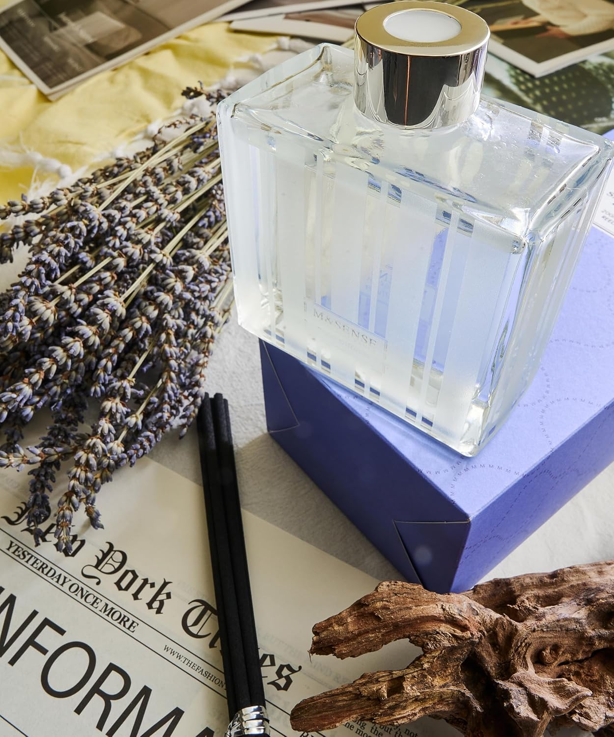 M&SENSE Sandalwood Lavender Reed Diffuser Set - 7.04oz Non-Toxic Essential Oil Diffusers with Sticks, Holiday Aromatherapy Diffusers for Bedroom & Bathroom & Shelf Decor