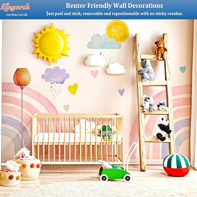 Large Boho Rainbow Wall Decals, Clouds Sun Hearts Peel and Stick Fabric Nursery Wall Decor, Removable Home Room Wall Decor Murals Stickers for Kids Girls Toddler Bedroom Living Room Playroom