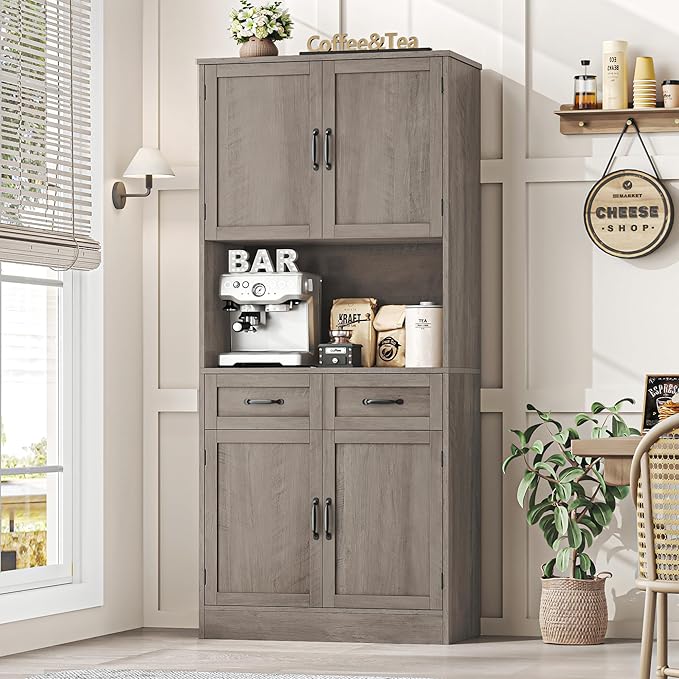 HOSTACK 71“ Tall Kitchen Pantry Storage Cabinet, Modern Kitchen Hutch Bar Cabinet with Microwave Stand, Wood Buffet Sideboard with Hutch, Cupboard with Drawers, Shelves for Dining Room, Ash Gray