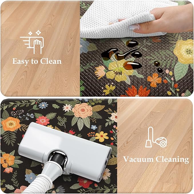 KIMODE Kitchen Mats Cushioned Anti Fatigue, Black Floral Kitchen Rugs Sets of 2, Padded Kitchen Floor Mats Non Slip, Comfort Foam Standing Mats for Laundry Office Sink Desk 17"x47"+17"x29"