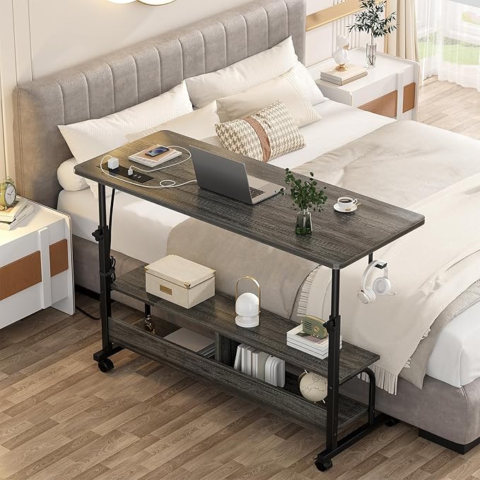 Height Adjustable Standing Desk with Power Outlets, 47" Manual Stand Up Desk with Storage Shelves Small Mobile Rolling Computer Desk Portable Laptop Table with Wheels for Home Office, Grey Oak