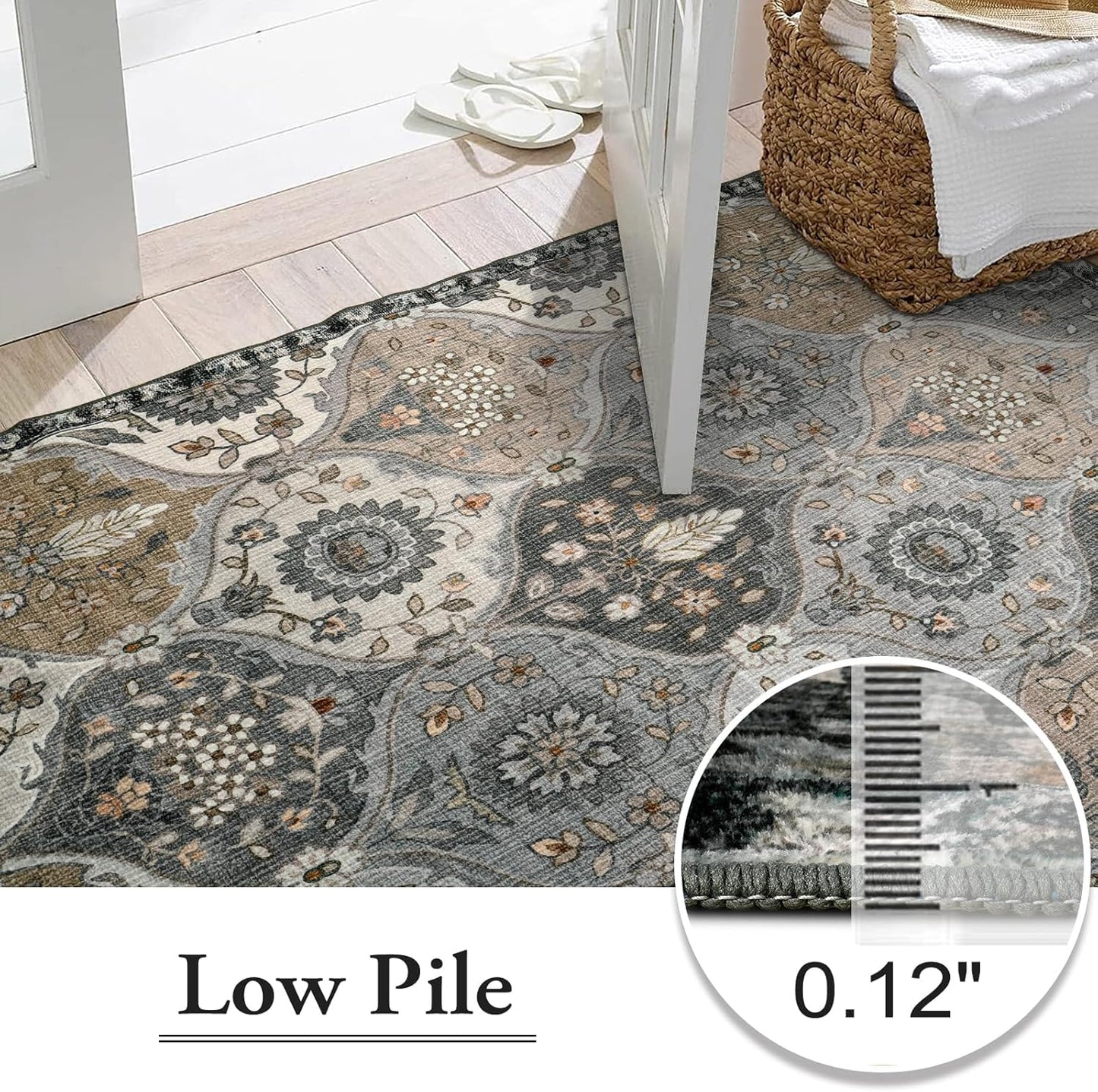 Lahome Moroccan Washable Living Room Rug, 5x8 Rugs for Bedroom Dining Room, Soft Non-Slip Non Shedding Boho Distressed Throw Carpet for Nursery Office, Grey