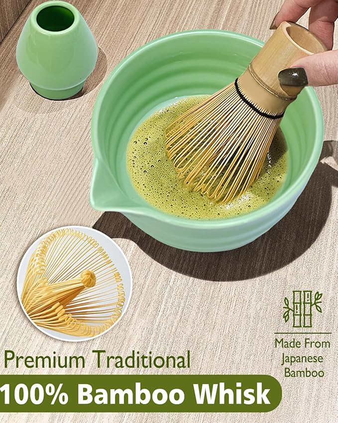 Matcha Whisk Set with Matcha Bowl, Matcha Whisk Holder Matcha Bamboo Whisk, Scoop, Sifter, Unique Gifts for Women Men Girl Friend Home Kitchen Decor（Light Green）