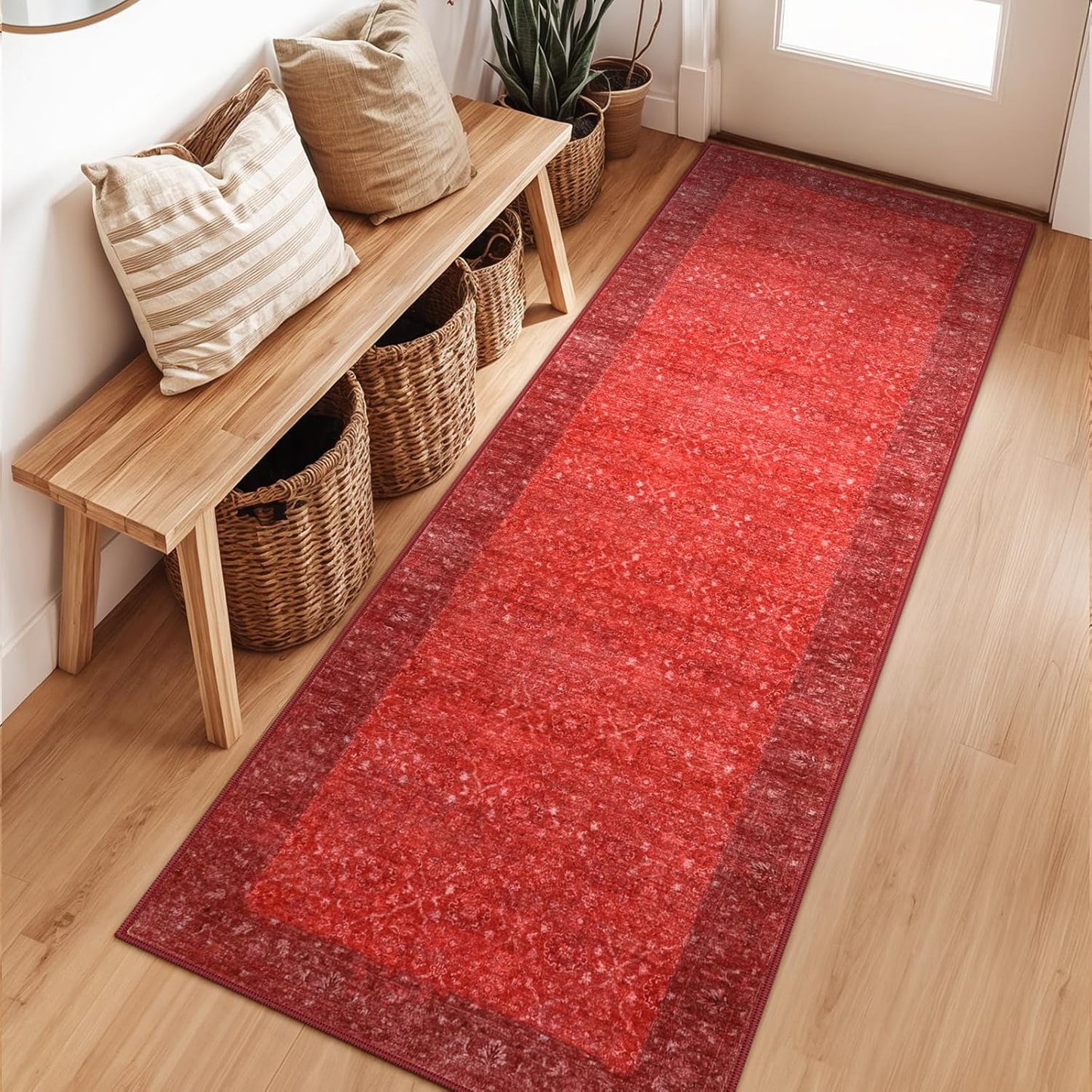 Vintage Red Kitchen Runner Rug, 2x6 Runners for Hallways Non Slip Washable Runner Rug for Bedroom Entryway, Ultra-Thin Carpet Runners for Laundry Room Bedroom (2'x6', Red)