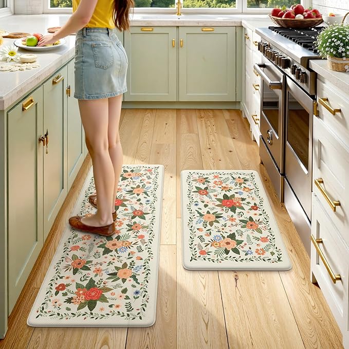 KIMODE Kitchen Mats for Floor Anti Fatigue, White Floral Rugs for Kitchen Floor, Padded Kitchen Floor Mats, Cushioned Kitchen Mats for Floor 2 Piece for Laundry Office Sink Desk 17"x47"+17"x29"