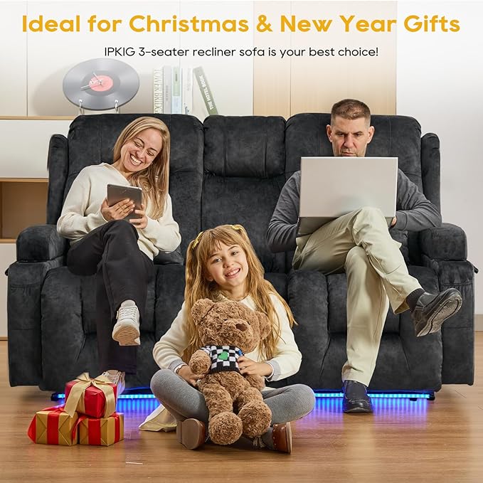IPKIG 67" Power Reclining Loveseat Sofa, Electric Home Theater Seating with Console/4 Colors Ambient Lighting/Bluetooth Speakers/USB Ports/Built-in Outlets (Grey, Loveseat Recliner)