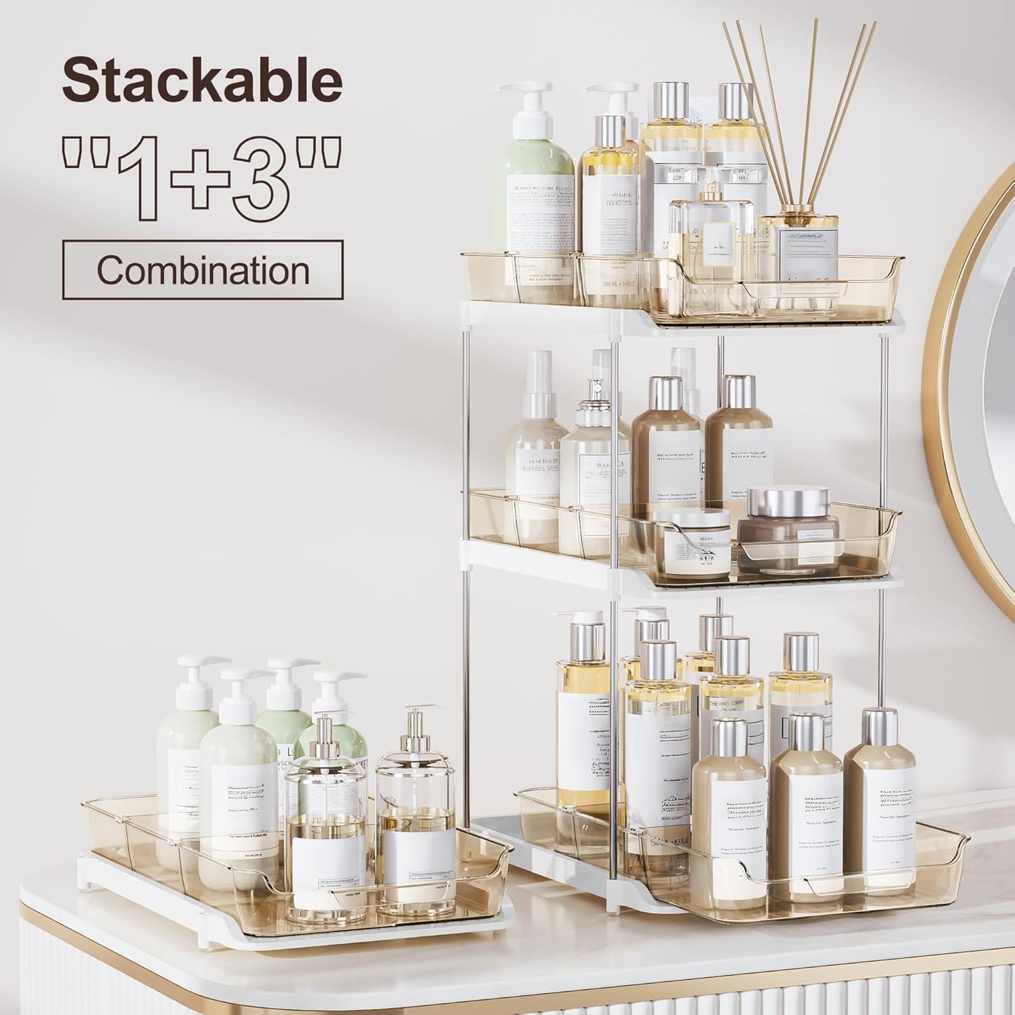 Delamu 2 Sets of 2-Tier Multi-Purpose Bathroom Under Sink Organizers and Storage, Stackable Kitchen Pantry Organization, Pull Out Medicine Cabinet Organizer with 8 Movable Dividers, Amber