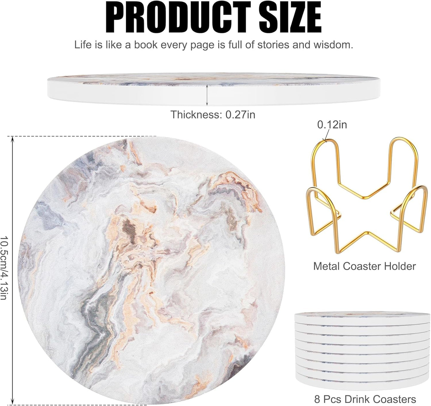 Coasters for Drinks Set of 8, Absorbent Abstract Sand Marble with Metal Golden Holder, Ceramic Coaster Set Cup Mat for Home Decor, Bar, Kitchen, Party