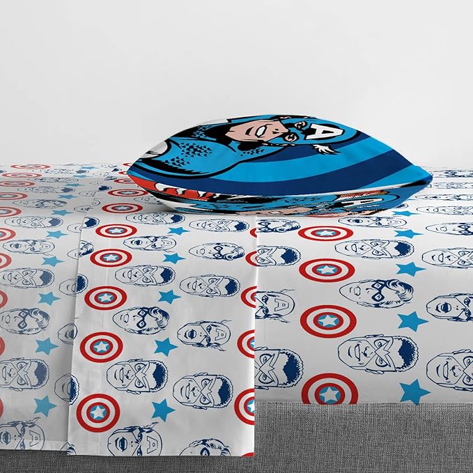 Jay Franco Kids Sheet Set with Fitted, Flat Sheets & Pillow Cover - Ultra-Soft Bedding with Pillowcase for Room Decor, White - Captain America, 3 Piece Twin