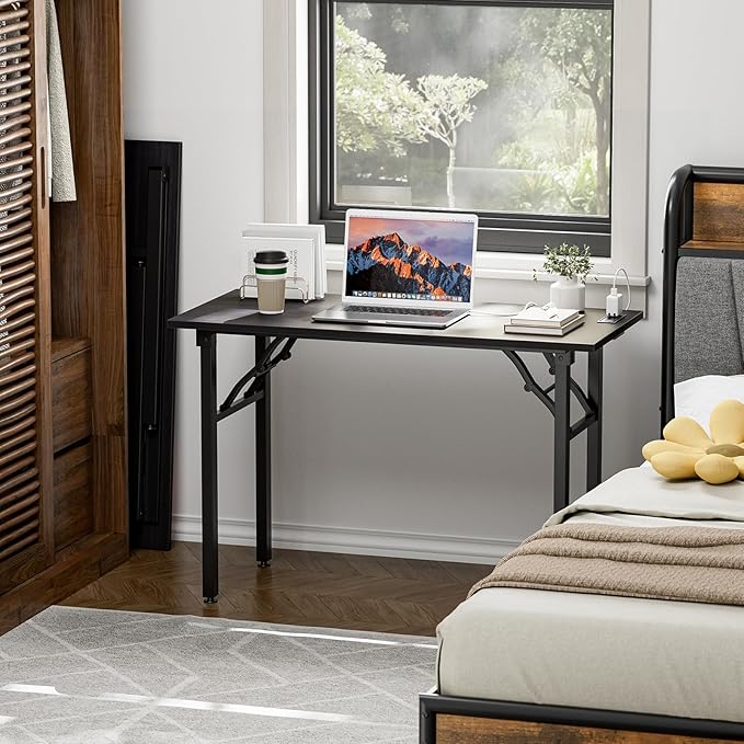 TEMI Small Computer Desk Folding Table - No Assembly, Compact 43.3" Foldable Desk with Power Outlets & USB Charging Port, Portable Small Office Desk, Ideal Mini Study Table, Charcoal Wenge