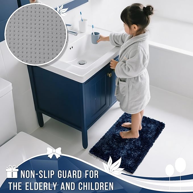 Yimobra Long Bathroom Rugs Runner 60x24 Inch, Extra Thick Soft Absorbent Chenille Bath Mat, Non Slip Machine Washable, Quick Dry Bath Rugs for Bathroom Floor, Tub and Shower, Navy Blue